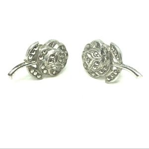 50s Sterling Marcasite Rose Screw Back Earrings